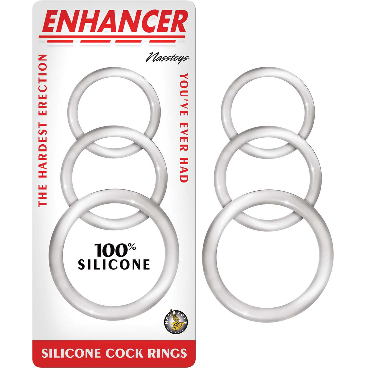 Enhancer Silicone Cock Rings Set Clear featuring three silicone rings for firmer erections, packaged for comfort and durability.