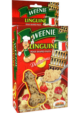 Weenie Linguini Penis Shaped Pasta 6.25 Ounce packaging showcasing its playful noodle shapes and vibrant design.