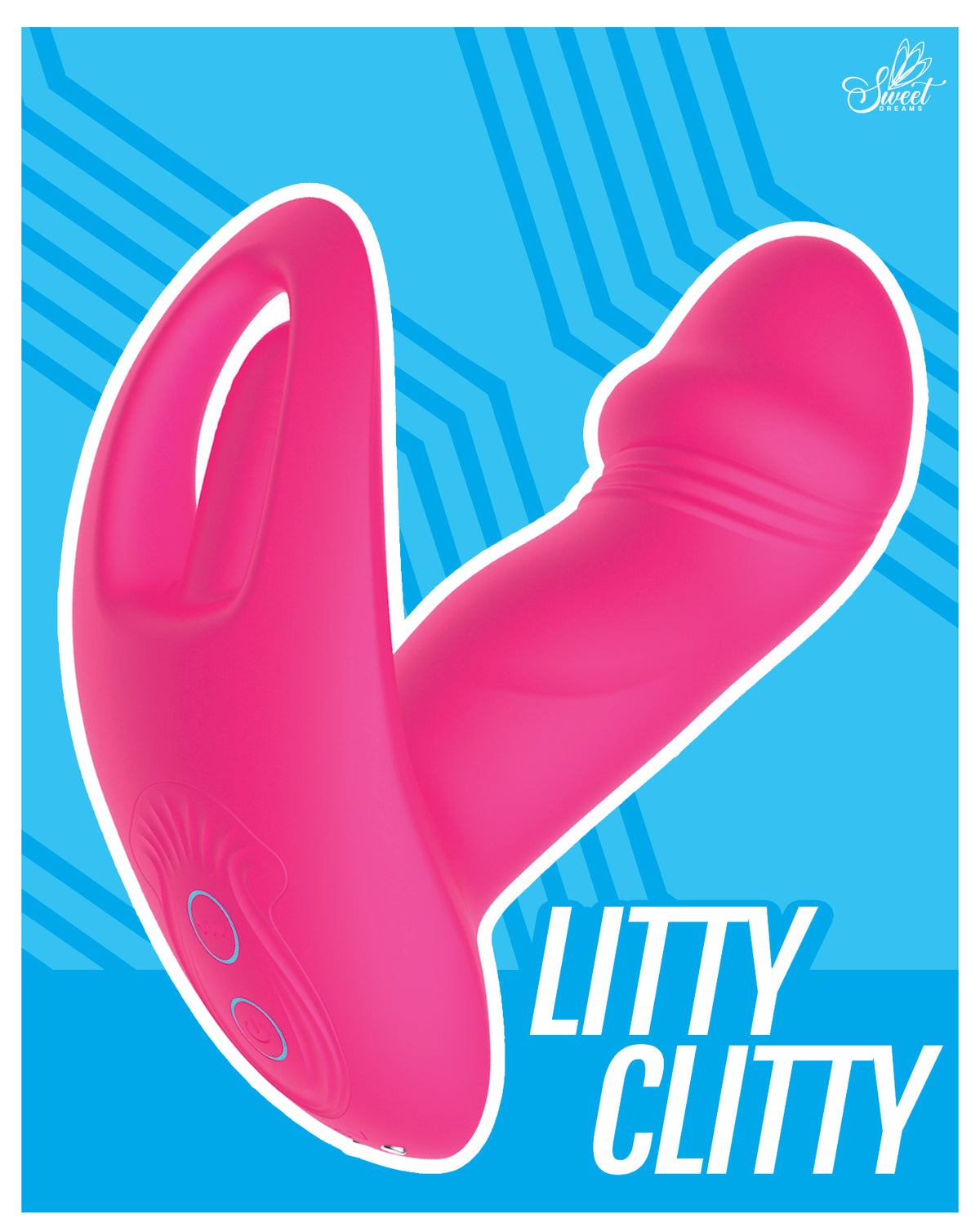 Litty Clitty Remote Control Wearable Vibrator in vibrant pink color on a blue background.