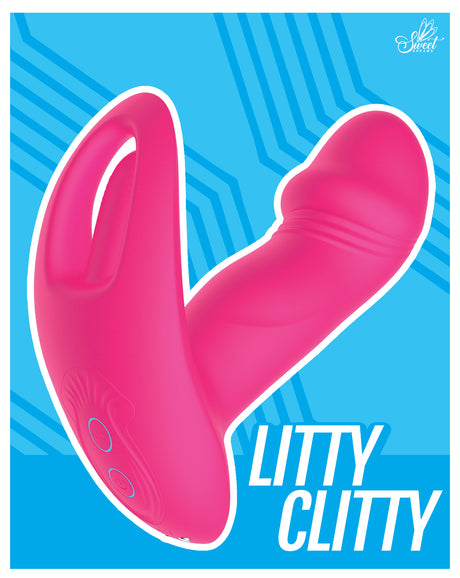Litty Clitty Remote Control Wearable Vibrator in vibrant pink color on a blue background.