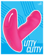 Litty Clitty Remote Control Wearable Vibrator in vibrant pink color on a blue background.