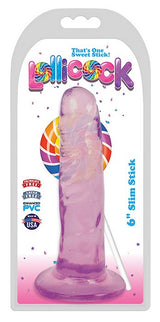 Lollicock 6 Inch Slim Stick Grape Ice Purple Dildo in packaging with colorful lollipop design and clear shaft.