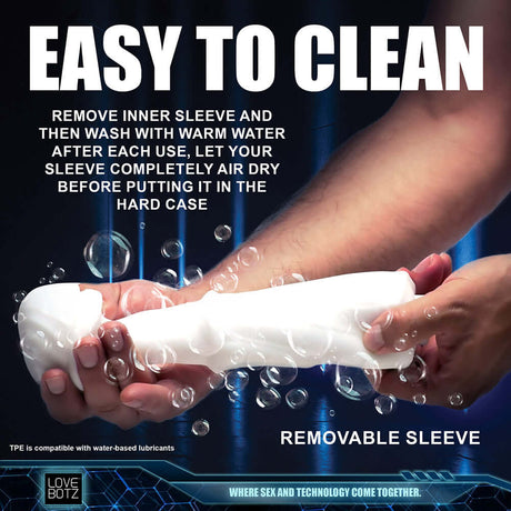 Person cleaning a removable sleeve of the LoveBotz The Milker Max masturbator with bubbles and warm water.
