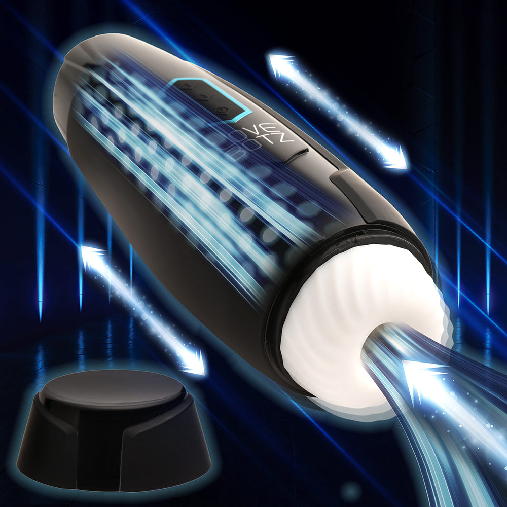 LoveBotz The Milker Max thrusting and vibrating masturbator showcasing dynamic design and textured sleeve for enhanced pleasure.