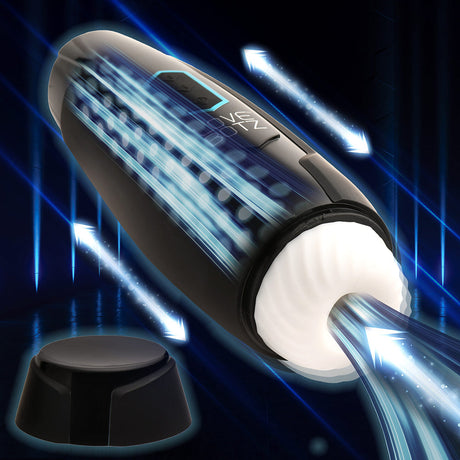 LoveBotz The Milker Max thrusting and vibrating masturbator showcasing dynamic design and textured sleeve for enhanced pleasure.