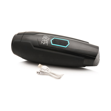 LoveBotz Milker Max vibrating masturbator with USB charging cable, featuring sleek black design and control buttons.