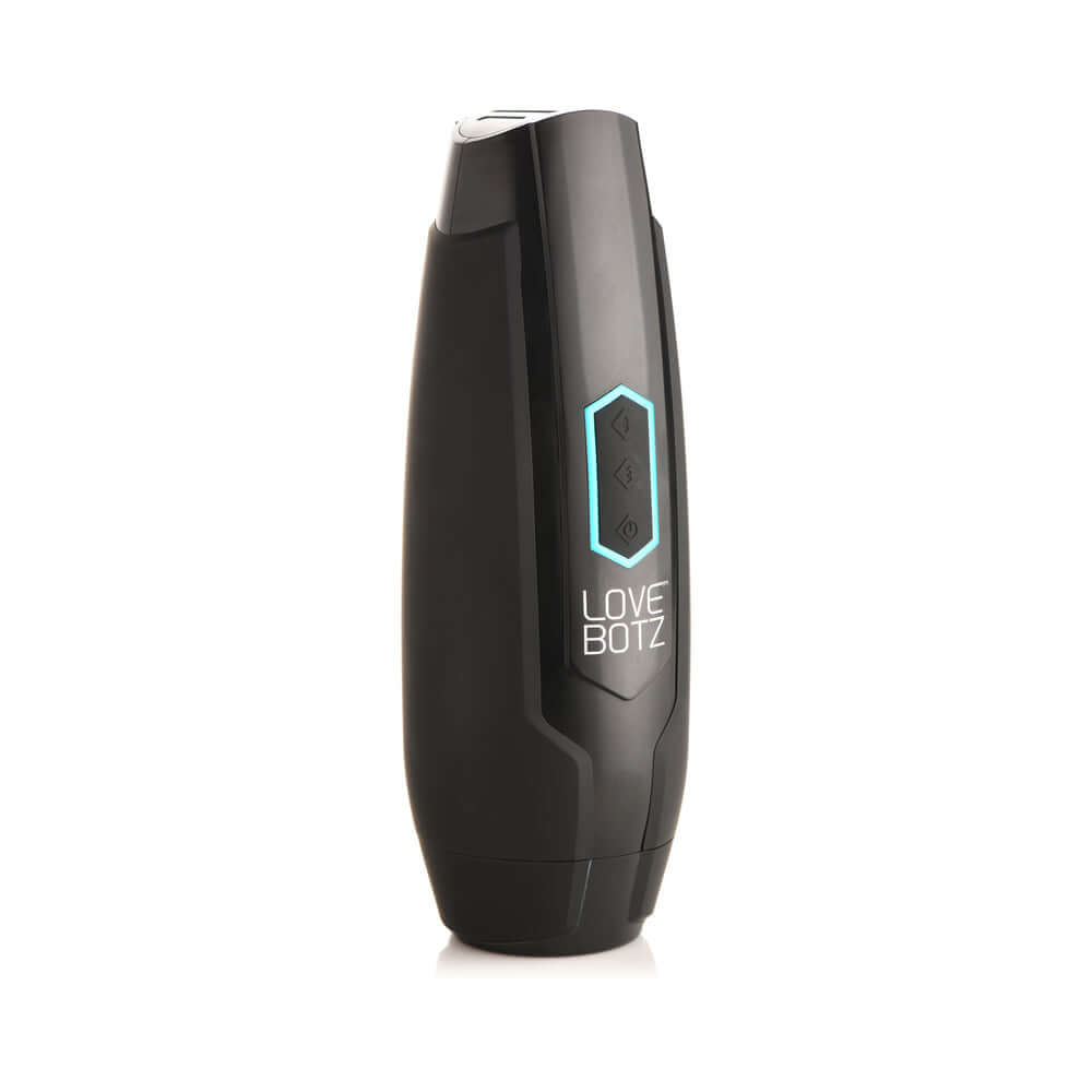 LoveBotz The Milker Max thrusting and vibrating masturbator in sleek black design, featuring easy control buttons for intense sensations.