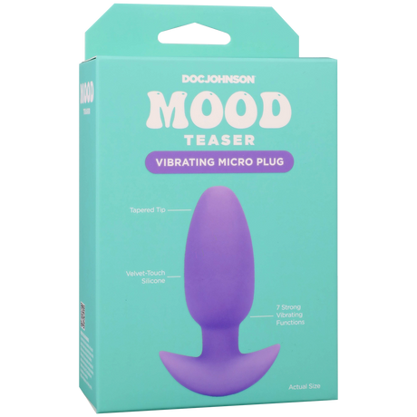 Mood Teaser Vibrating Micro Plug Lavender packaging featuring tapered tip and velvet-touch silicone.