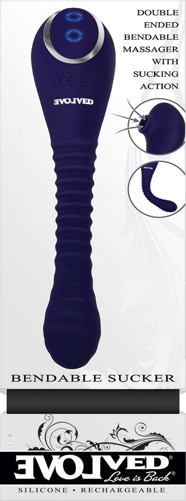 Bendable Sucker Dual End Silicone Vibrator Purple showcasing double-ended massager with suction action.