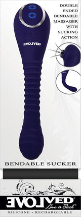 Bendable Sucker Dual End Silicone Vibrator Purple showcasing double-ended massager with suction action.
