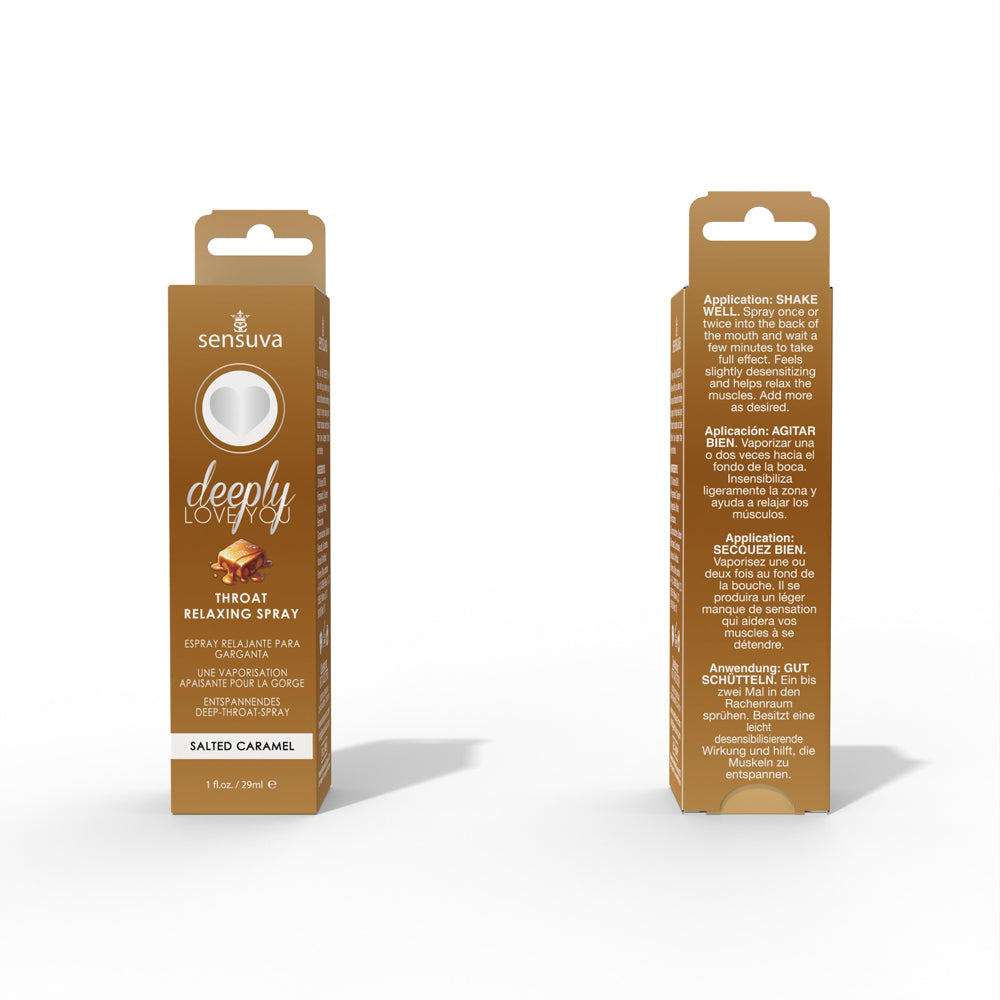 Deeply Love You Throat Relaxing Spray Salted Caramel 1 Oz product packaging both sides display.