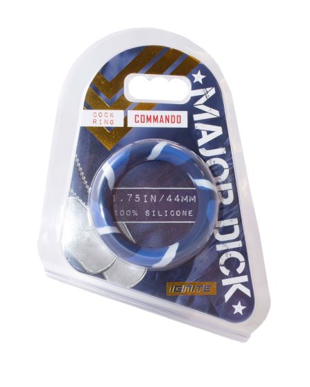 Major Dick Commando Silicone Donut Blue Camo 1.75 inches packaging with blue camo cock ring shown.