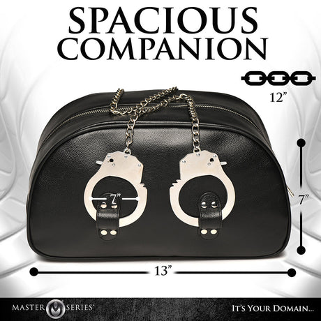 Master Series Cuffed & Loaded Travel Bag with handcuff handles, stylish bondage design, vegan faux leather, spacious and durable.