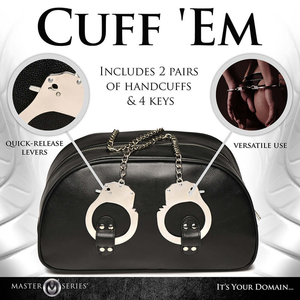 Master Series travel bag featuring handcuff handles, quick-release levers, and includes 2 pairs of handcuffs and keys.