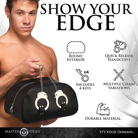 Master Series cuffed travel bag with handcuff handles, roomy interior, quick-release cuffs, and durable material.