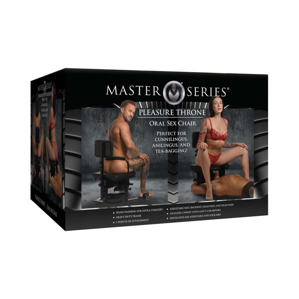 Master Series Pleasure Throne Oral Sex Chair packaging designed for cunnilingus, analingus, and teabagging.