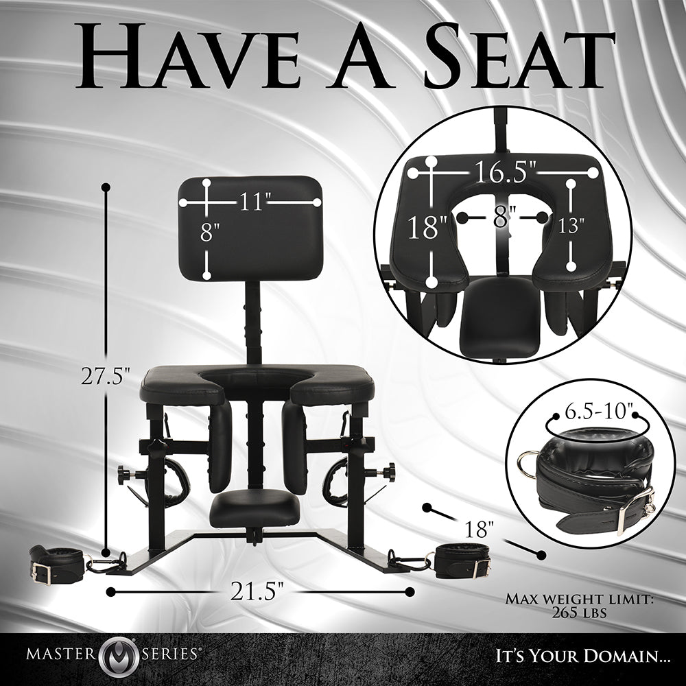 Master Series Pleasure Throne dimensions and features. Sturdy iron chair for intimate pleasure activities, supports up to 265 lbs.