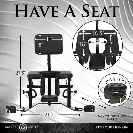 Master Series Pleasure Throne dimensions and features. Sturdy iron chair for intimate pleasure activities, supports up to 265 lbs.