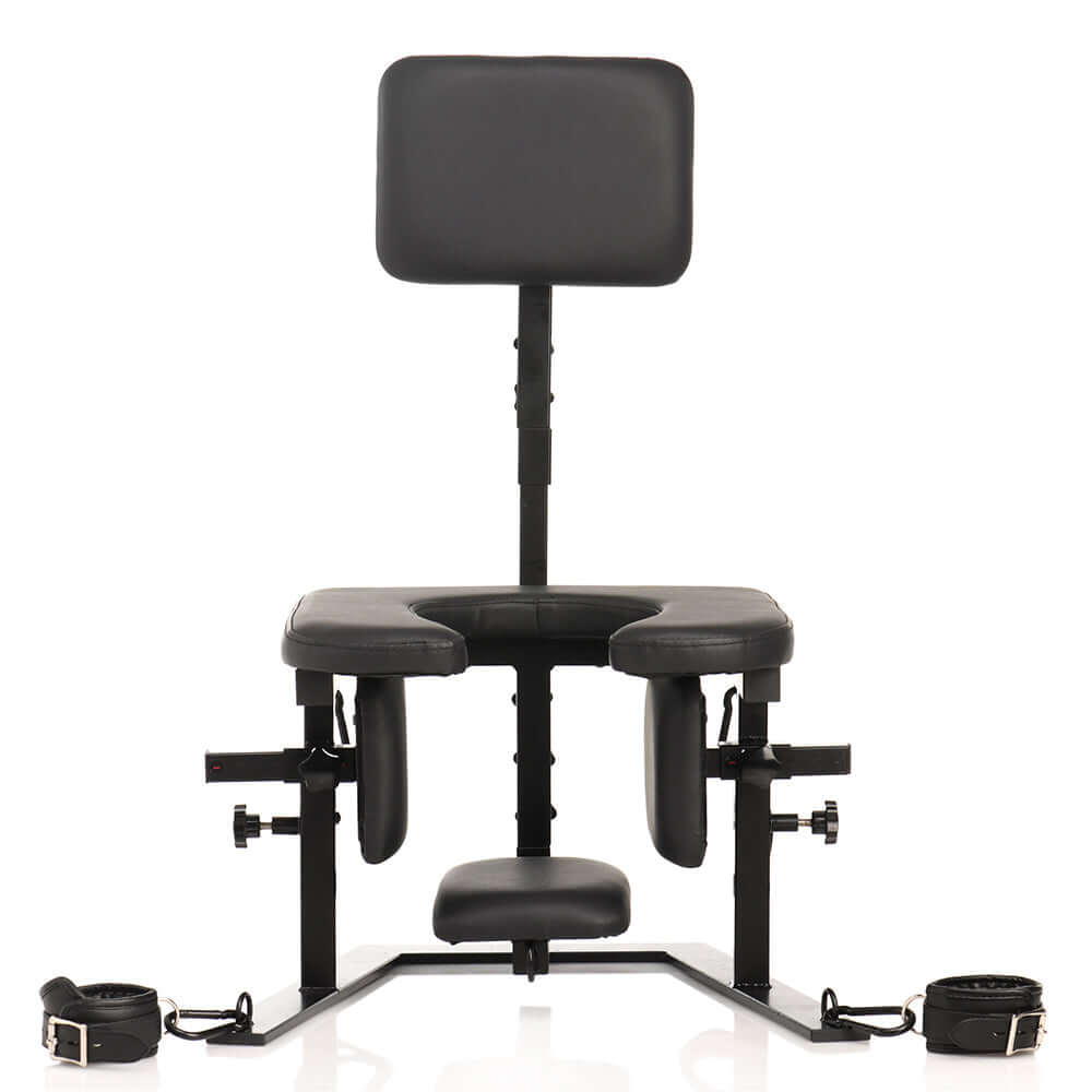 Master Series Pleasure Throne, a sturdy oral sex chair with plush seat and adjustable features for enhanced intimacy.