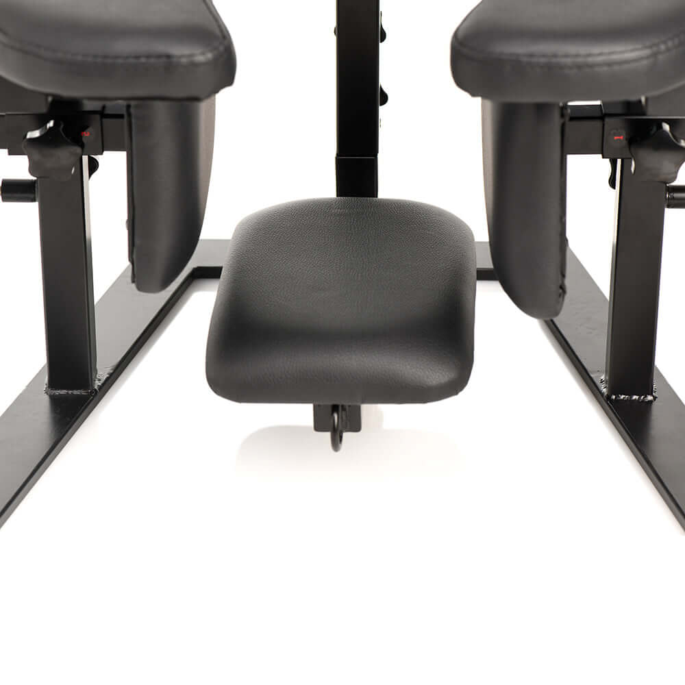 Close-up view of the black Master Series Pleasure Throne Oral Sex Chair, showcasing the padded seating area and sturdy design.