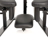 Close-up view of the black Master Series Pleasure Throne Oral Sex Chair, showcasing the padded seating area and sturdy design.