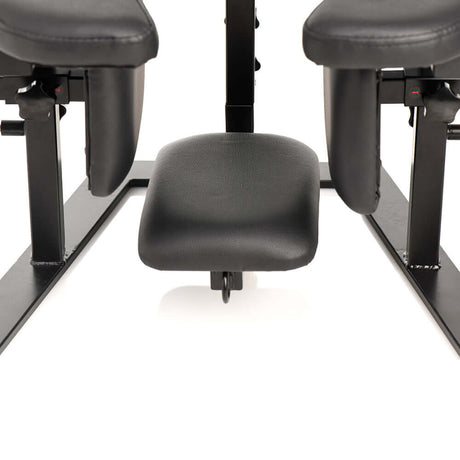 Close-up view of the black Master Series Pleasure Throne Oral Sex Chair, showcasing the padded seating area and sturdy design.