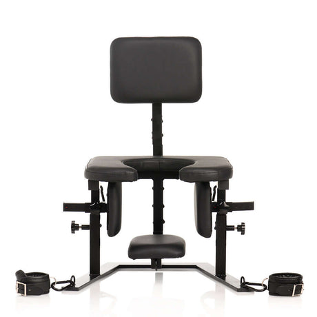 Master Series Pleasure Throne oral sex chair with adjustable straps and plush seat for enhanced intimacy.