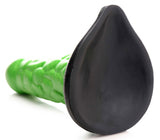 Radioactive Reptile Thick Scaly Silicone Dildo Green with black base and textured green shaft for fantasy role-play.