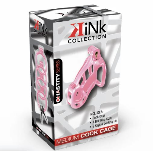 Kink Chastity Series Locking Cock Cage Medium Pink packaging featuring the chastity device and accessories.