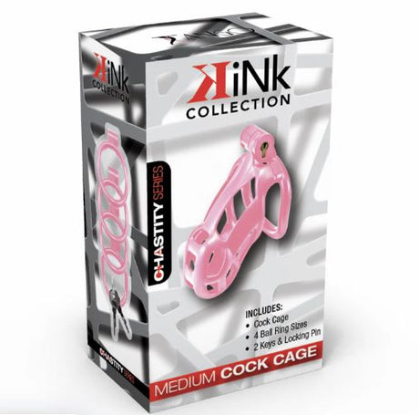 Kink Chastity Series Locking Cock Cage Medium Pink packaging featuring the chastity device and accessories.