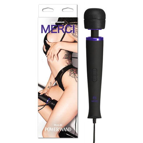 Doc Johnson Merci Power Wand Massager Black featuring a sleek design and intense stimulation, designed for versatile massage.