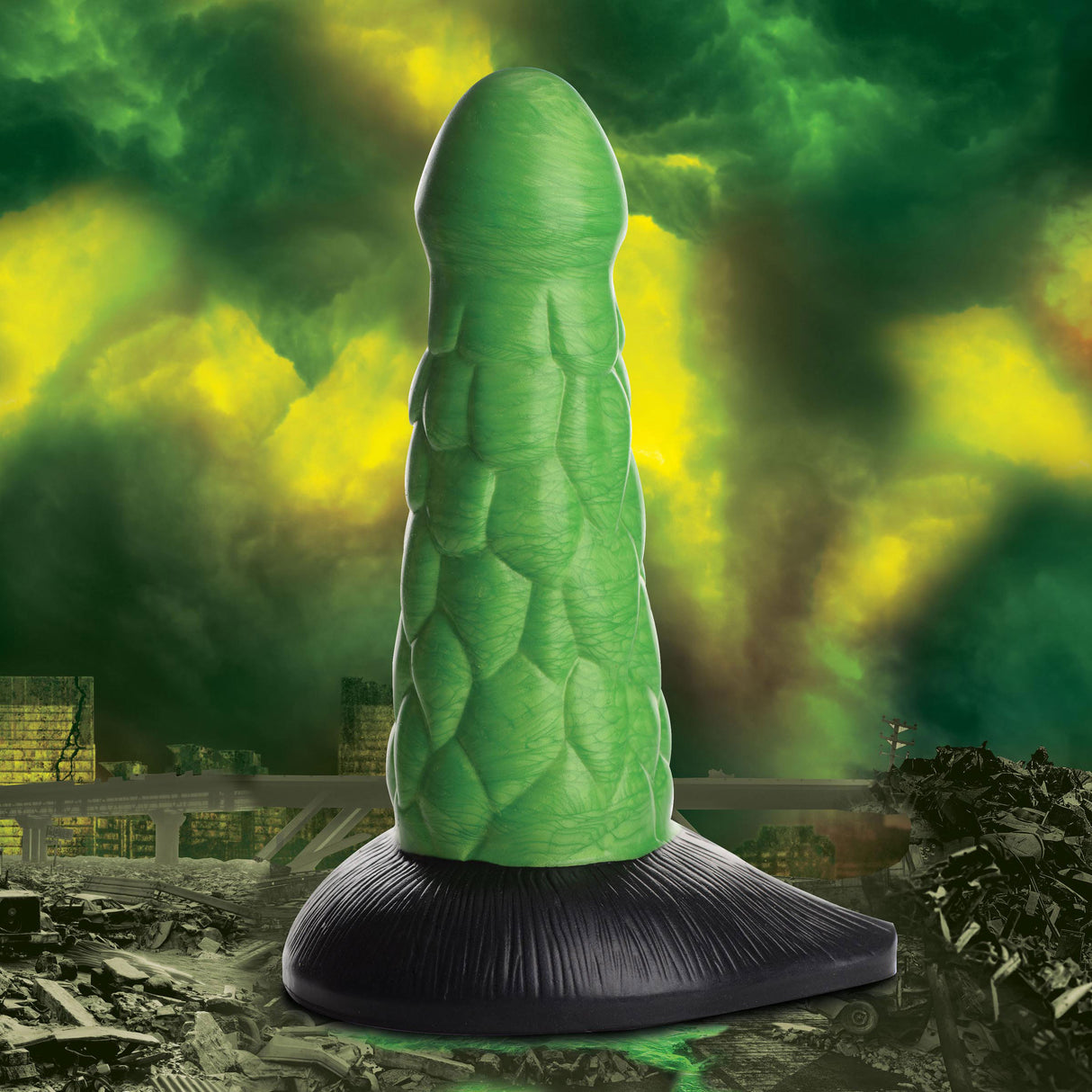 Radioactive Reptile Thick Scaly Silicone Dildo Green showcasing metallic green shaft with dragon-inspired texture.