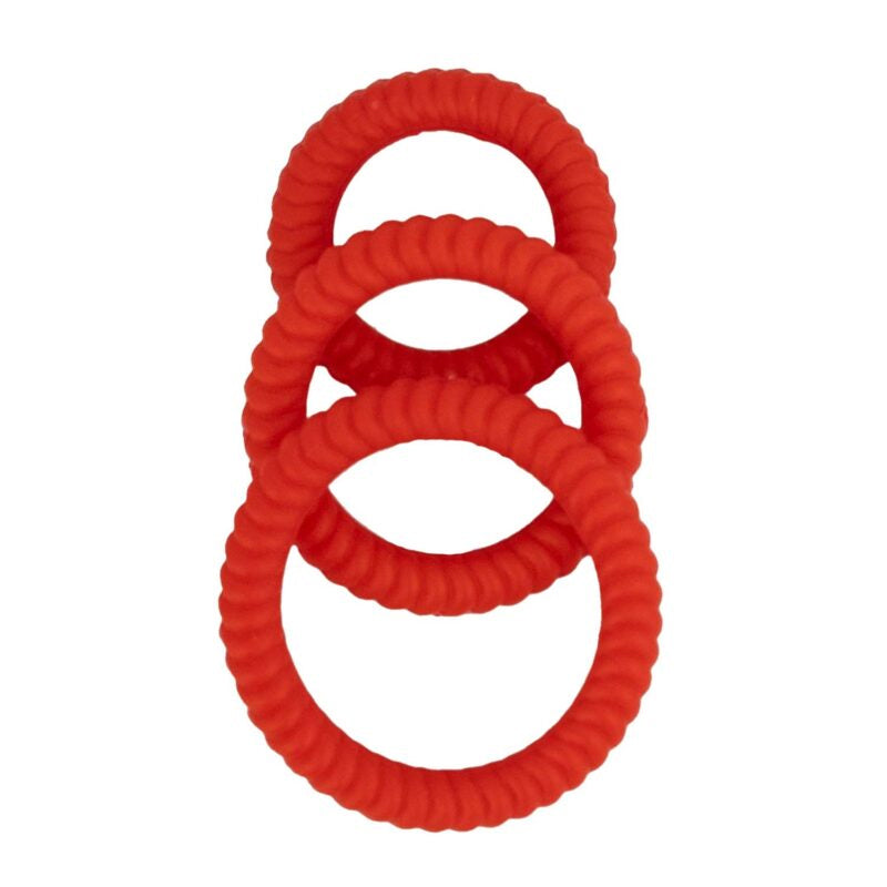 Ram Ultra Cocksweller Silicone Cock Rings Red - a set of three stretchy silicone rings for enhanced pleasure.