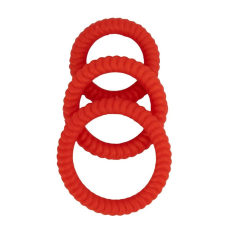 Ram Ultra Cocksweller Silicone Cock Rings Red - a set of three stretchy silicone rings for enhanced pleasure.