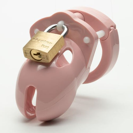 CB-X Mr Stubb Kit 1.75 Inch Pink Cock Cage with gold padlock for complete chastity control.