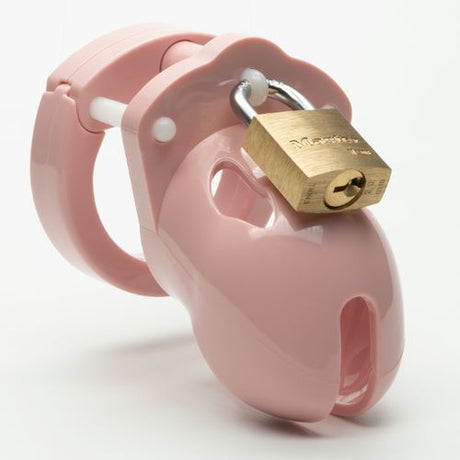 CB-X Mr Stubb Kit 1.75 Inch Pink Cock Cage with a padlock, perfect for male chastity and control.