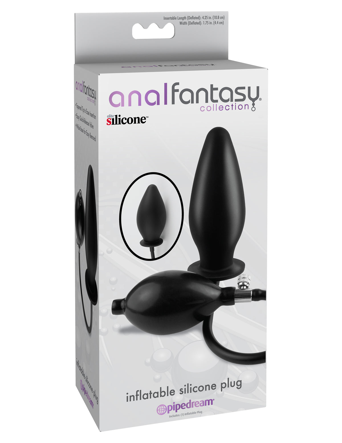 Anal Fantasy Collection Inflatable Silicone Plug Black packaging with details and product image.