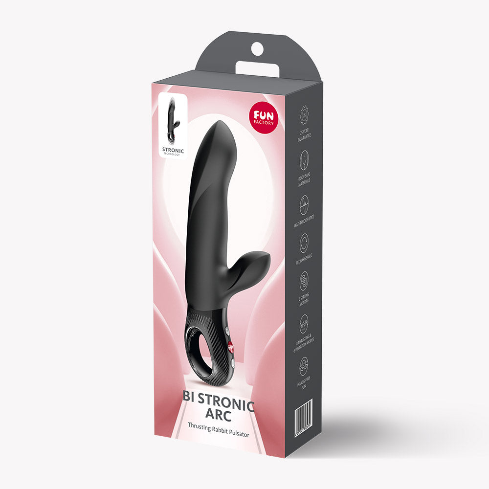 Fun Factory Bi Stronic Arc Vibrator Black packaging displaying a thrusting rabbit pulsator.