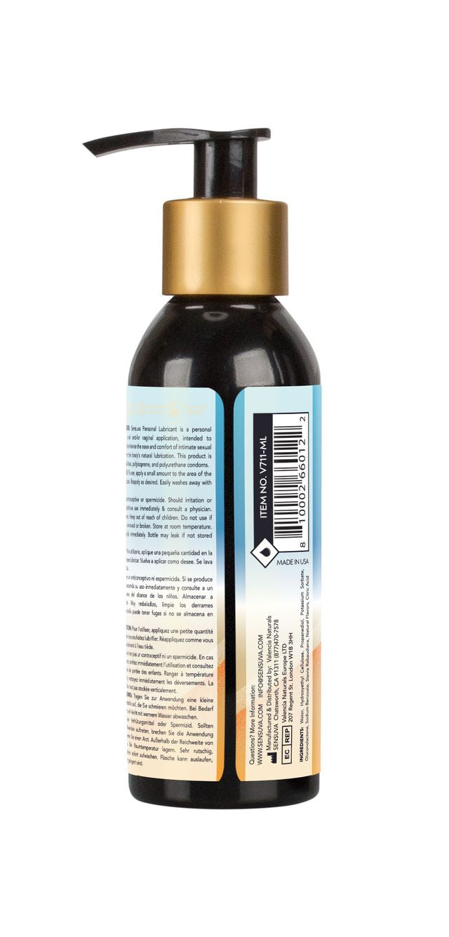Sensuva Natural Water-Based Lubricant Orange Creamsicle bottle with pump top and ingredient label on the back.