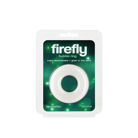 Firefly Bubble Ring Glow in the Dark Cock Ring Large White product packaging showing a stretchy silicone ring.