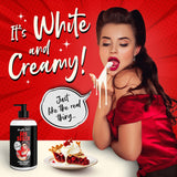 Naughty Jane's Extra Creamy Sex Sauce displayed with a playful model, highlighting its rich texture and appealing design.