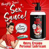 Naughty Jane's Extra Creamy Lubricant 16 oz bottle with playful branding and a woman enjoying dessert.