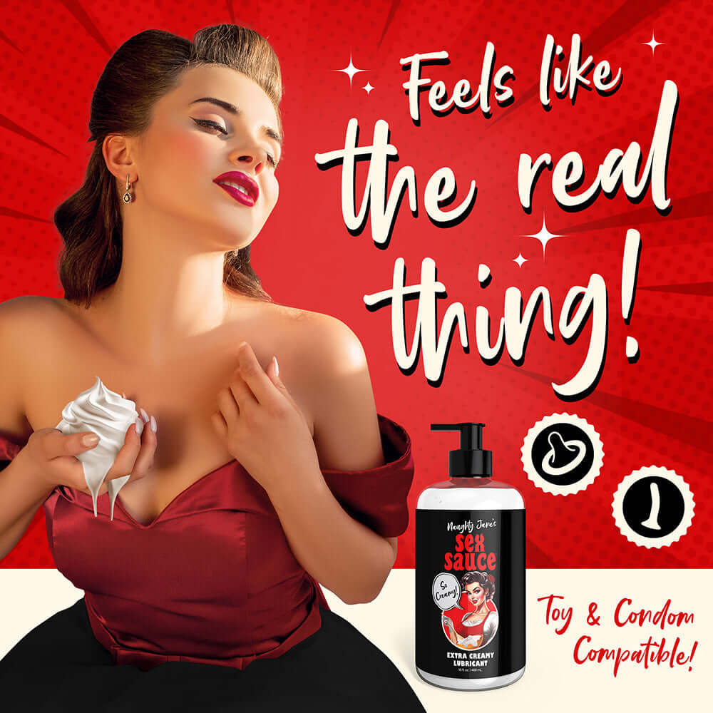 Naughty Jane's Extra Creamy Lubricant with model showcasing its use, highlighting toy and condom compatibility.