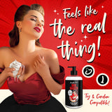 Naughty Jane's Extra Creamy Lubricant with model showcasing its use, highlighting toy and condom compatibility.