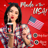 Naughty Jane's Extra Creamy Lubricant 8 oz. in a fun, vibrant setting with a USA flag, highlighting body-safe and glycerin-free features.