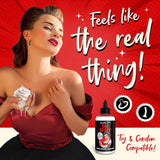 Naughty Jane's Extra Creamy Lubricant 8 oz showcasing a glamorous woman with the product, emphasizing pleasure and compatibility.