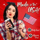Model holding Naughty Jane's Extra Creamy Lubricant, showcasing 'Made in the USA' with American flag.
