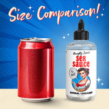 Size comparison of Naughty Jane's Sex Sauce natural lubricant next to a soda can for scale.