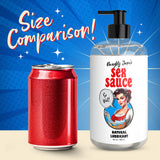 Size comparison of Naughty Jane's 16 oz Sex Sauce lubricant next to a soda can, showcasing its large size.