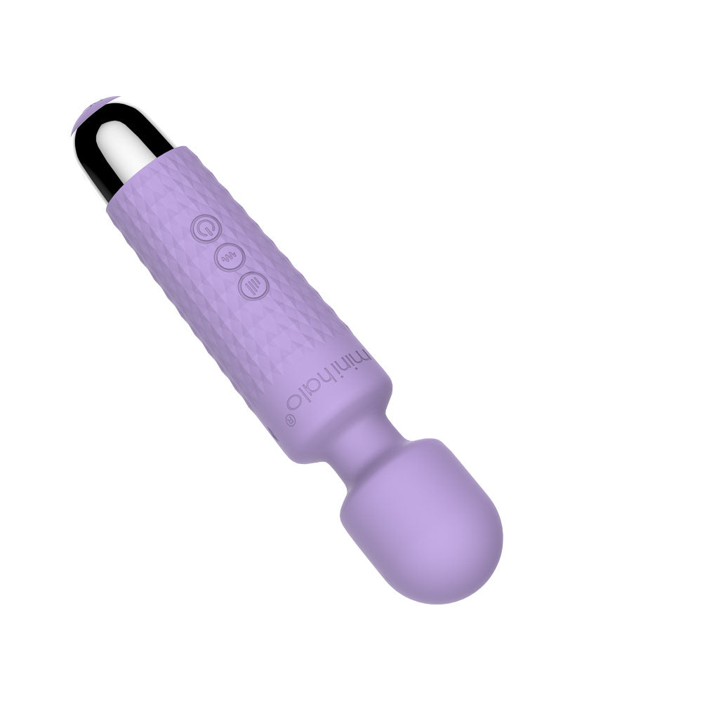 Viben Mini Halo Lilac Rechargeable Wand Massager shown in a purple color with ergonomic design and control buttons.
